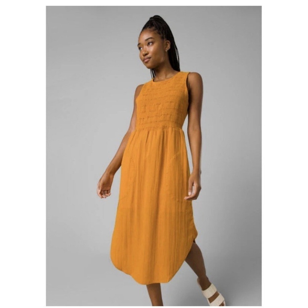 Prana Mustard Yellow Sleeveless smocked Midi Dress
